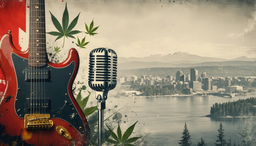 A visually striking representation of the evolution of Canadian music, featuring traditional and modern musical elements alongside cannabis motifs, encapsulating the ongoing cultural influence of cannabis on Canadian music.